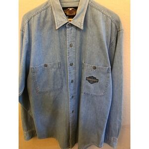 Harley Davidson Signature Denim Jean Shirt Men's Large Blue Long Sleeve Pockets